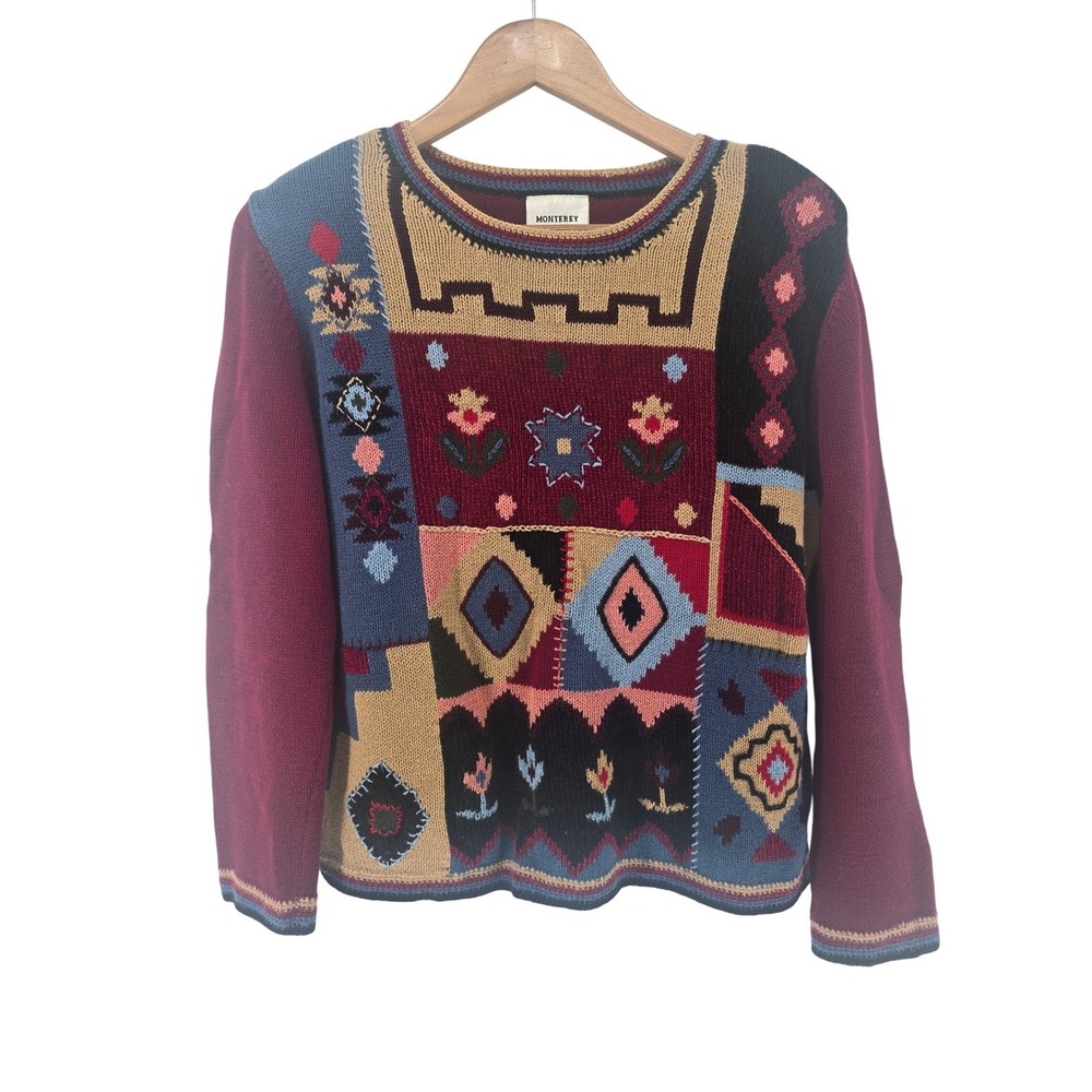 Monterey by Koret Sweater Womens Medium Petite Burgundy Patchwork Art to Wear